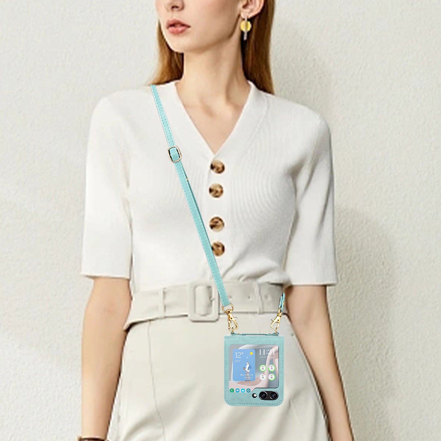 For Samsung Galaxy Z Flip5 5G PU Leather PC Phone Case Anti-Drop Protective Cover with Shoulder Strap