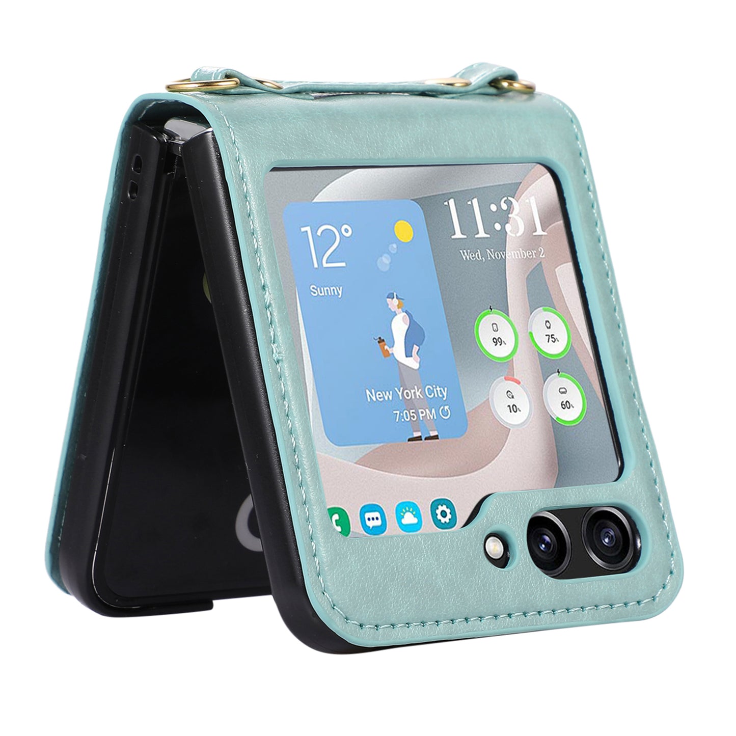 For Samsung Galaxy Z Flip5 5G PU Leather PC Phone Case Anti-Drop Protective Cover with Shoulder Strap