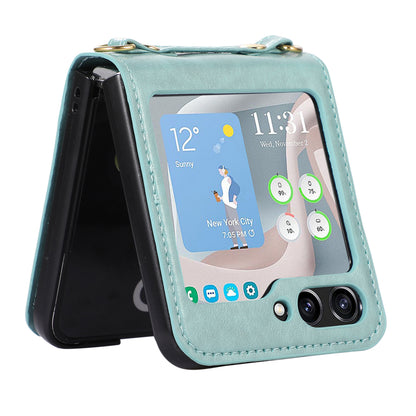 For Samsung Galaxy Z Flip5 5G PU Leather PC Phone Case Anti-Drop Protective Cover with Shoulder Strap