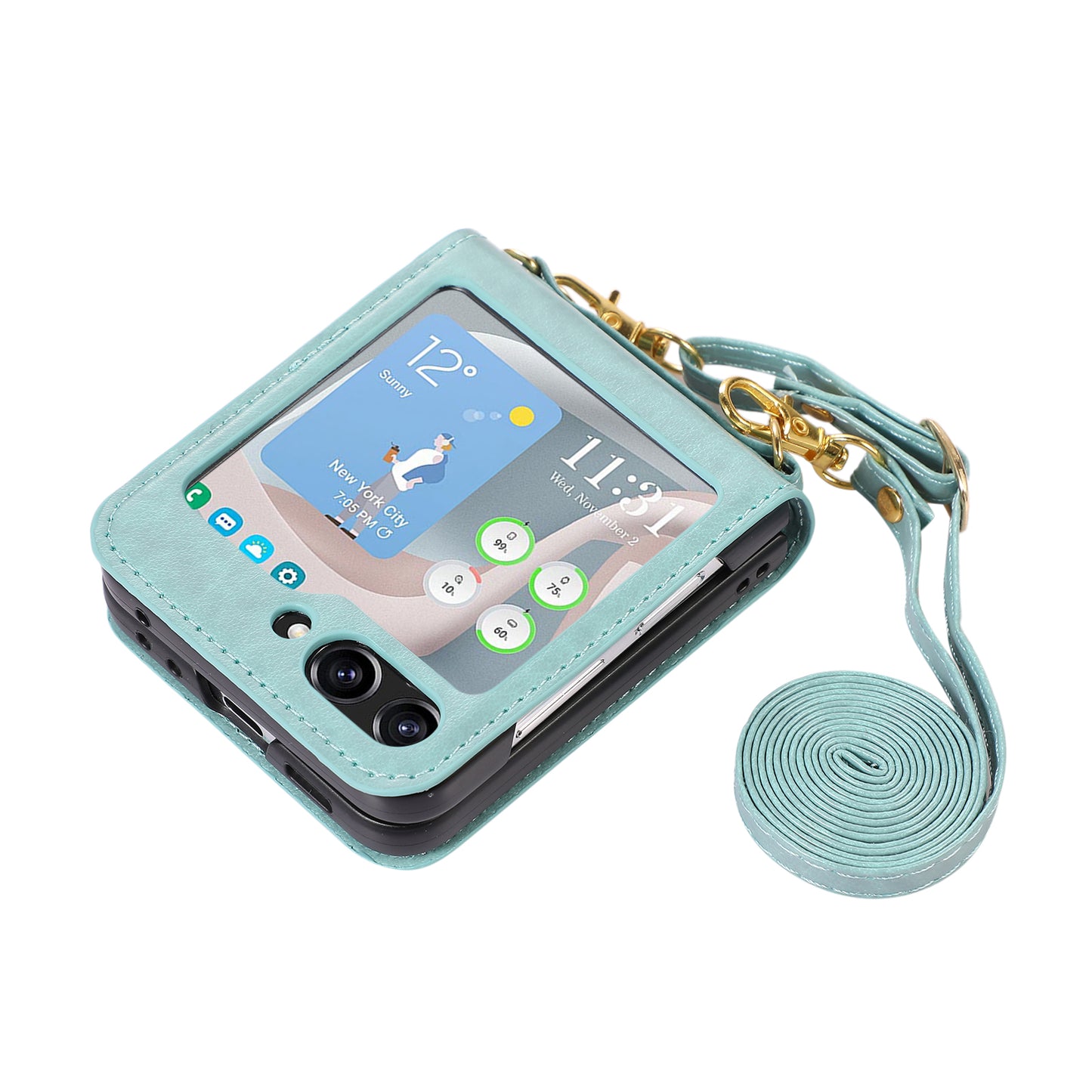 For Samsung Galaxy Z Flip5 5G PU Leather PC Phone Case Anti-Drop Protective Cover with Shoulder Strap