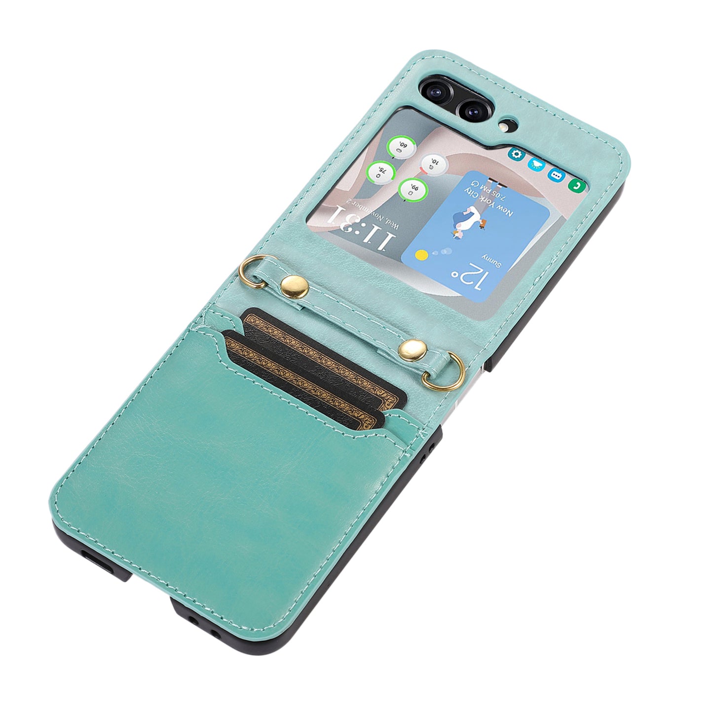 For Samsung Galaxy Z Flip5 5G PU Leather PC Phone Case Anti-Drop Protective Cover with Shoulder Strap