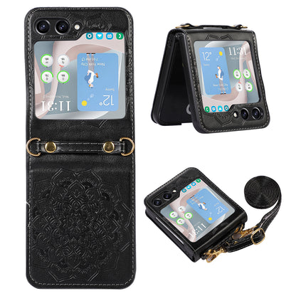 For Samsung Galaxy Z Flip5 5G Flower Imprinted Phone Case Anti-Drop PU Leather PC Cover with Shoulder Strap