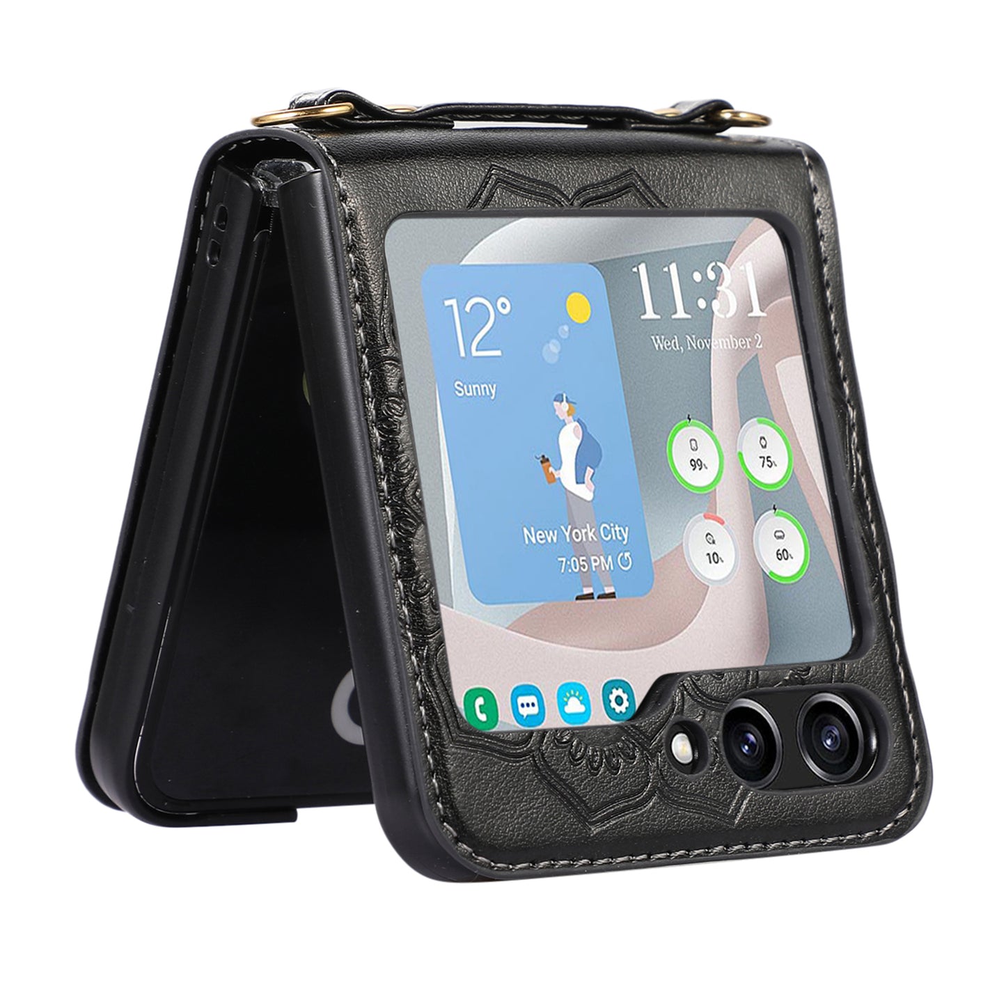 For Samsung Galaxy Z Flip5 5G Flower Imprinted Phone Case Anti-Drop PU Leather PC Cover with Shoulder Strap