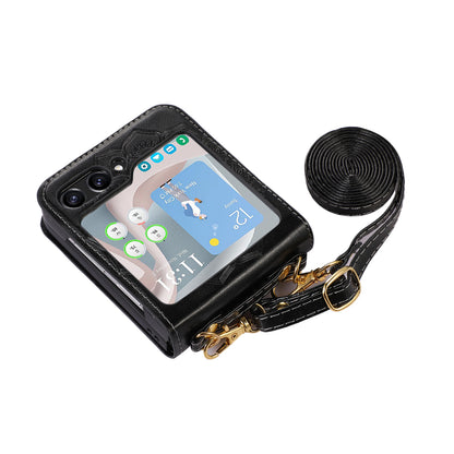 For Samsung Galaxy Z Flip5 5G Flower Imprinted Phone Case Anti-Drop PU Leather PC Cover with Shoulder Strap