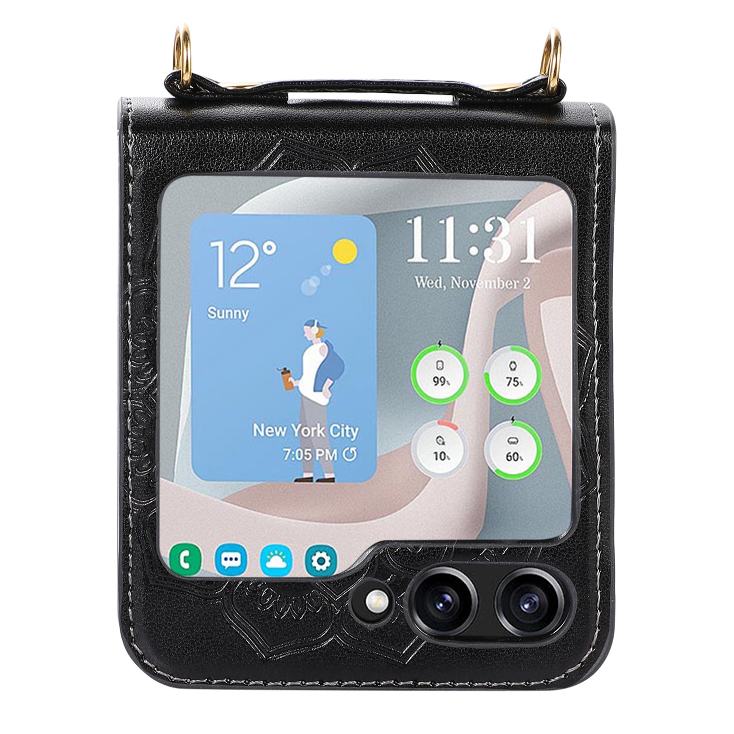 For Samsung Galaxy Z Flip5 5G Flower Imprinted Phone Case Anti-Drop PU Leather PC Cover with Shoulder Strap