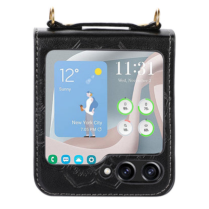 For Samsung Galaxy Z Flip5 5G Flower Imprinted Phone Case Anti-Drop PU Leather PC Cover with Shoulder Strap