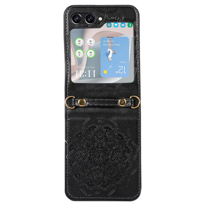 For Samsung Galaxy Z Flip5 5G Flower Imprinted Phone Case Anti-Drop PU Leather PC Cover with Shoulder Strap