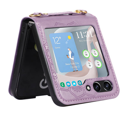 For Samsung Galaxy Z Flip5 5G Flower Imprinted Phone Case Anti-Drop PU Leather PC Cover with Shoulder Strap