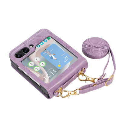 For Samsung Galaxy Z Flip5 5G Flower Imprinted Phone Case Anti-Drop PU Leather PC Cover with Shoulder Strap