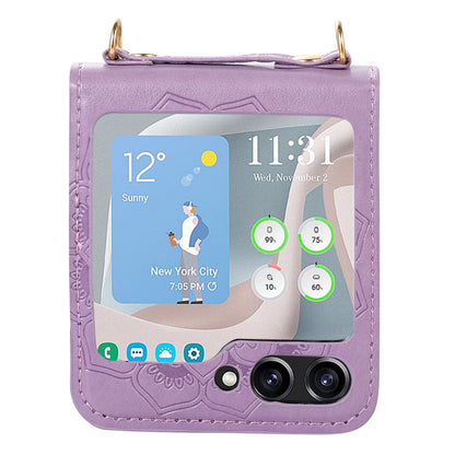 For Samsung Galaxy Z Flip5 5G Flower Imprinted Phone Case Anti-Drop PU Leather PC Cover with Shoulder Strap