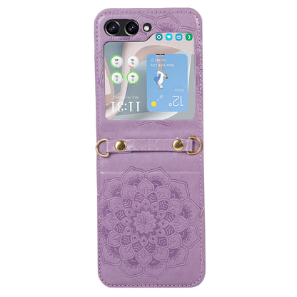 For Samsung Galaxy Z Flip5 5G Flower Imprinted Phone Case Anti-Drop PU Leather PC Cover with Shoulder Strap