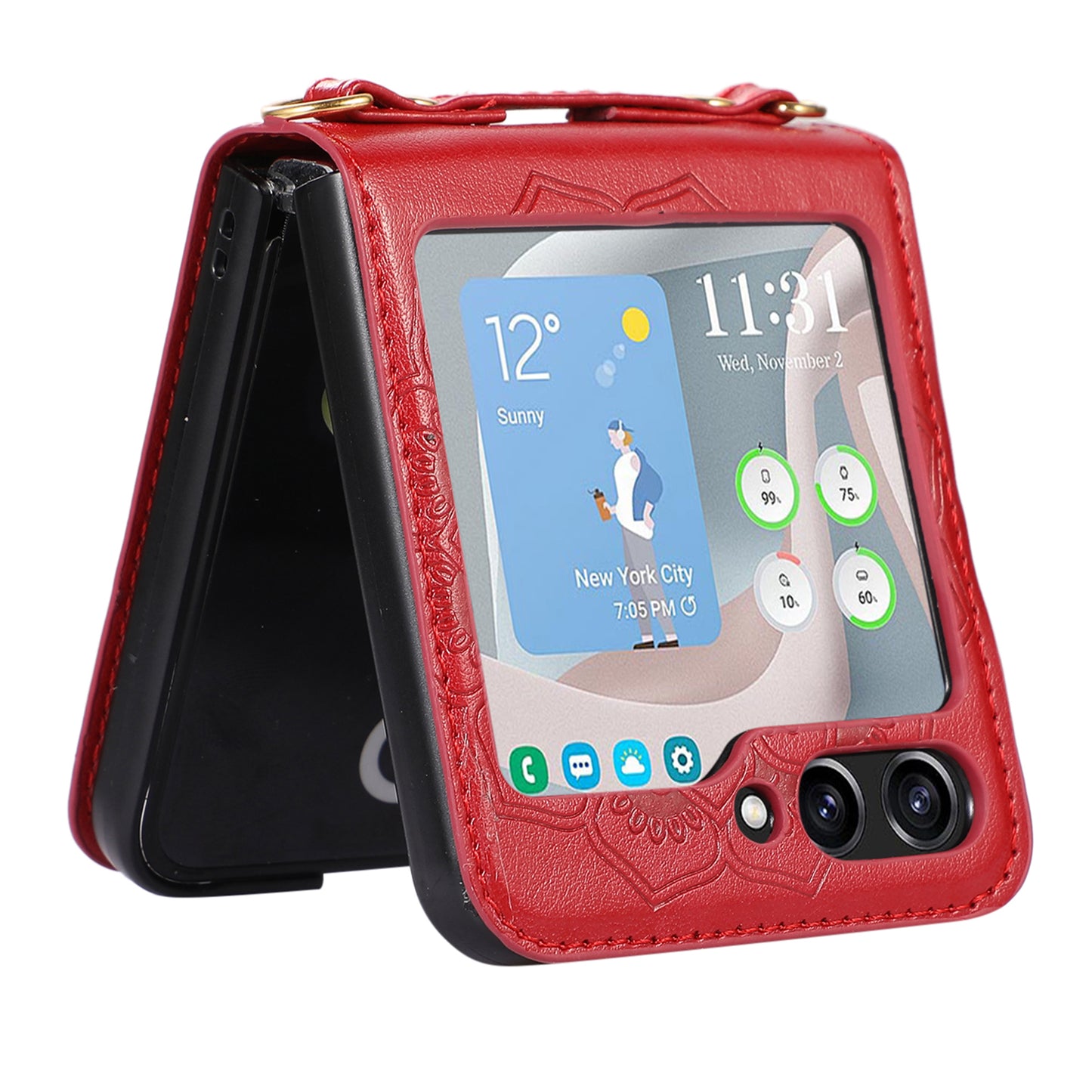 For Samsung Galaxy Z Flip5 5G Flower Imprinted Phone Case Anti-Drop PU Leather PC Cover with Shoulder Strap