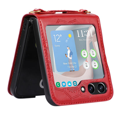 For Samsung Galaxy Z Flip5 5G Flower Imprinted Phone Case Anti-Drop PU Leather PC Cover with Shoulder Strap
