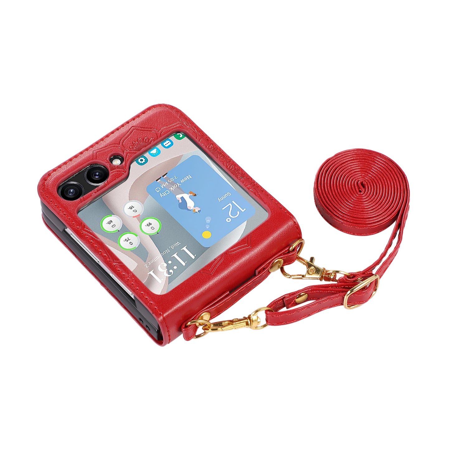 For Samsung Galaxy Z Flip5 5G Flower Imprinted Phone Case Anti-Drop PU Leather PC Cover with Shoulder Strap