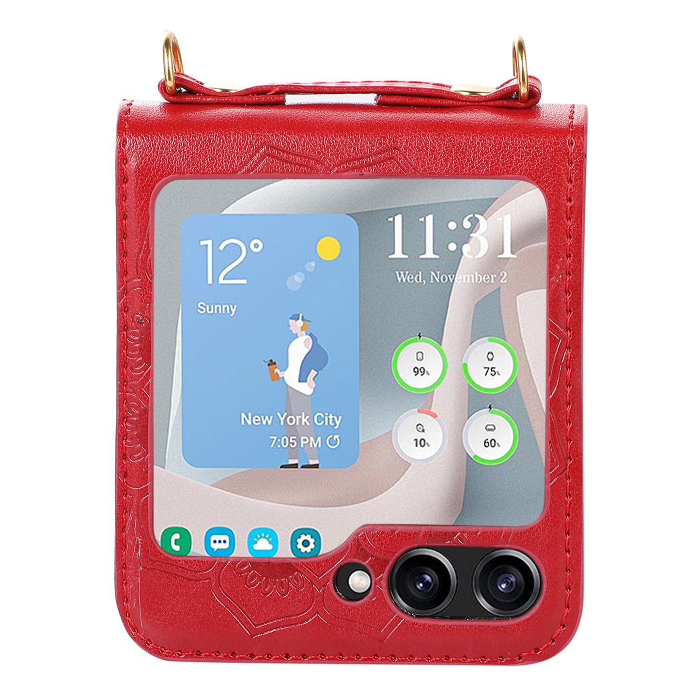 For Samsung Galaxy Z Flip5 5G Flower Imprinted Phone Case Anti-Drop PU Leather PC Cover with Shoulder Strap