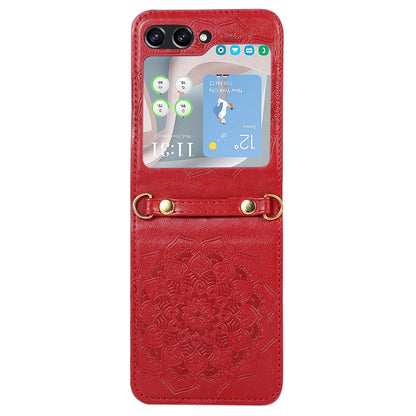 For Samsung Galaxy Z Flip5 5G Flower Imprinted Phone Case Anti-Drop PU Leather PC Cover with Shoulder Strap