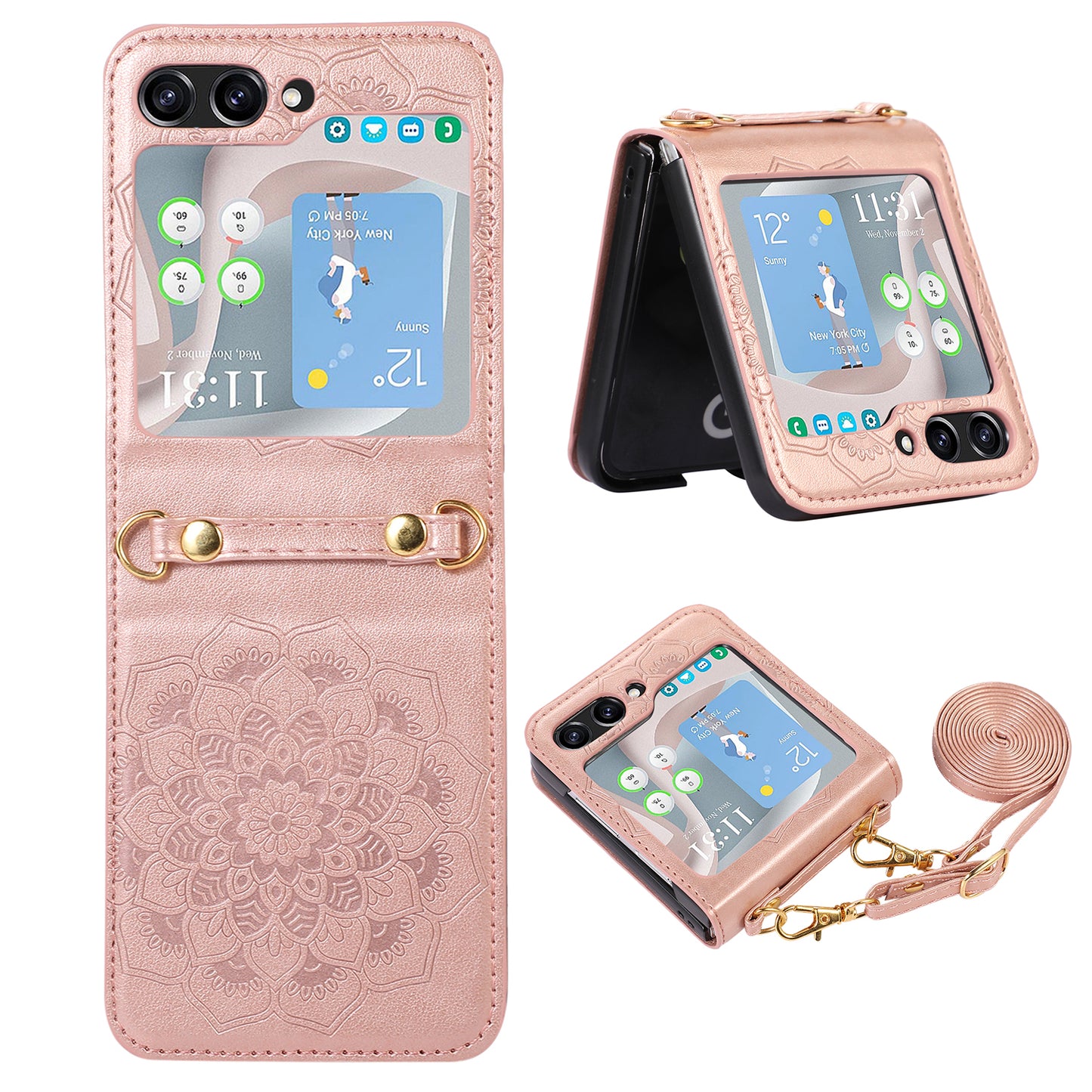 For Samsung Galaxy Z Flip5 5G Flower Imprinted Phone Case Anti-Drop PU Leather PC Cover with Shoulder Strap
