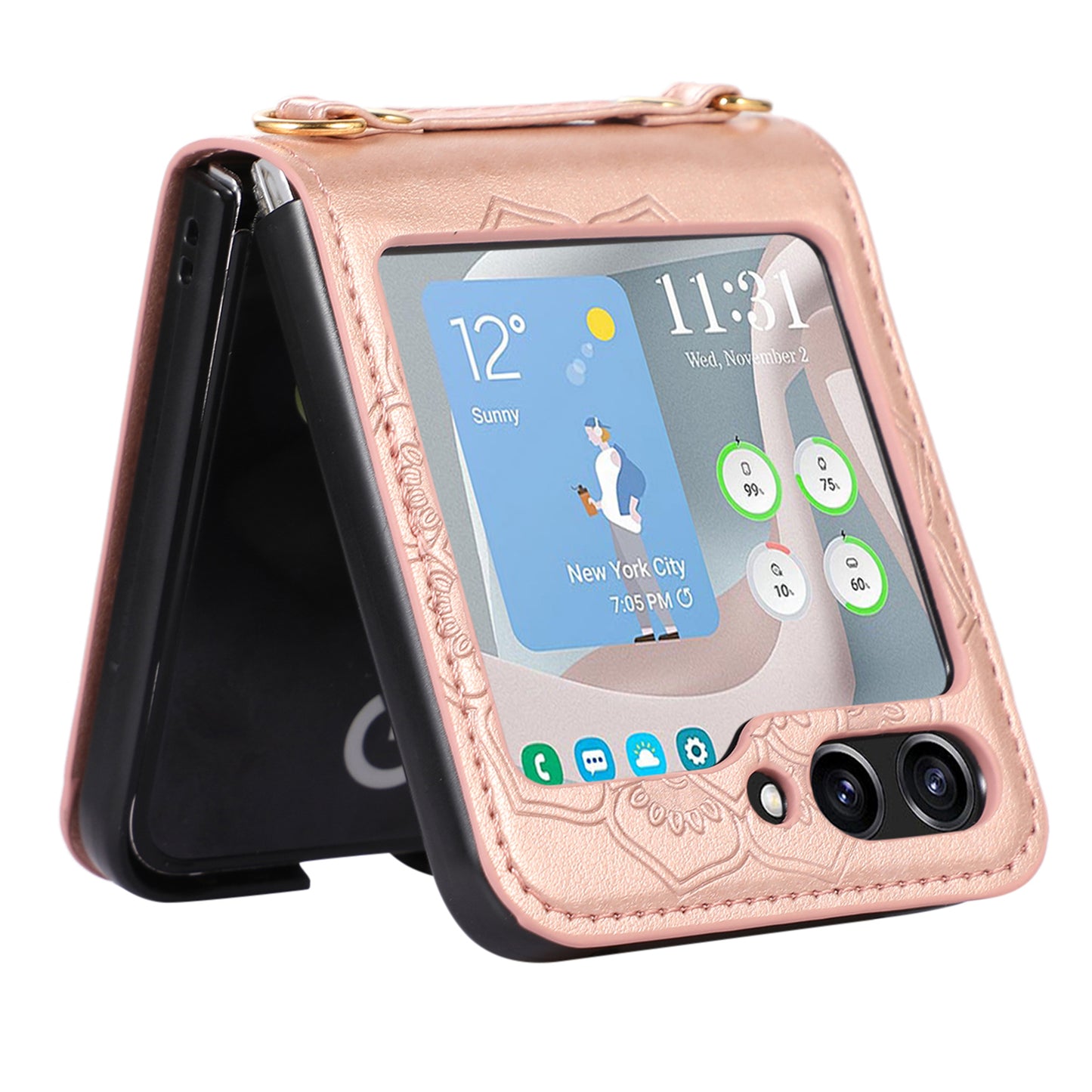For Samsung Galaxy Z Flip5 5G Flower Imprinted Phone Case Anti-Drop PU Leather PC Cover with Shoulder Strap