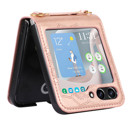 For Samsung Galaxy Z Flip5 5G Flower Imprinted Phone Case Anti-Drop PU Leather PC Cover with Shoulder Strap