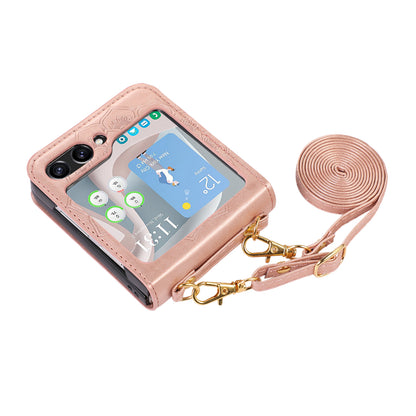 For Samsung Galaxy Z Flip5 5G Flower Imprinted Phone Case Anti-Drop PU Leather PC Cover with Shoulder Strap