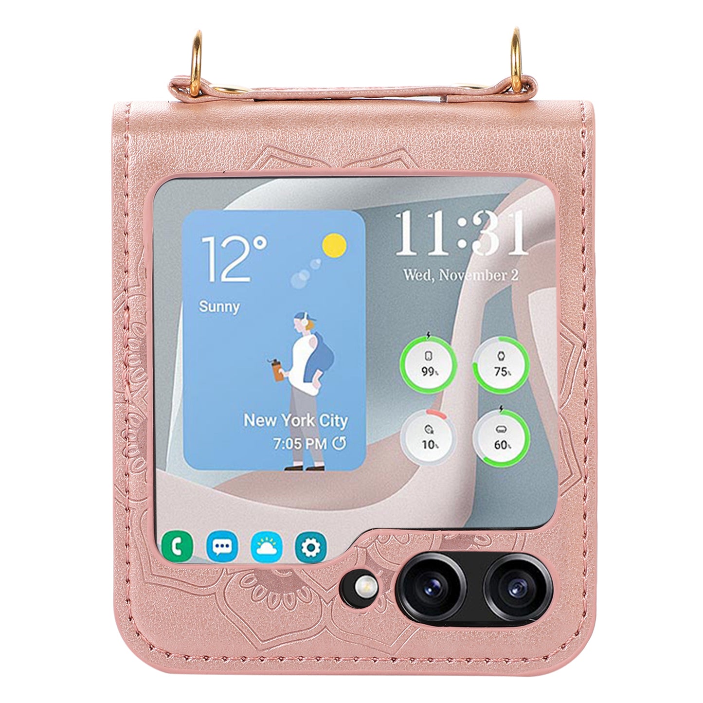 For Samsung Galaxy Z Flip5 5G Flower Imprinted Phone Case Anti-Drop PU Leather PC Cover with Shoulder Strap