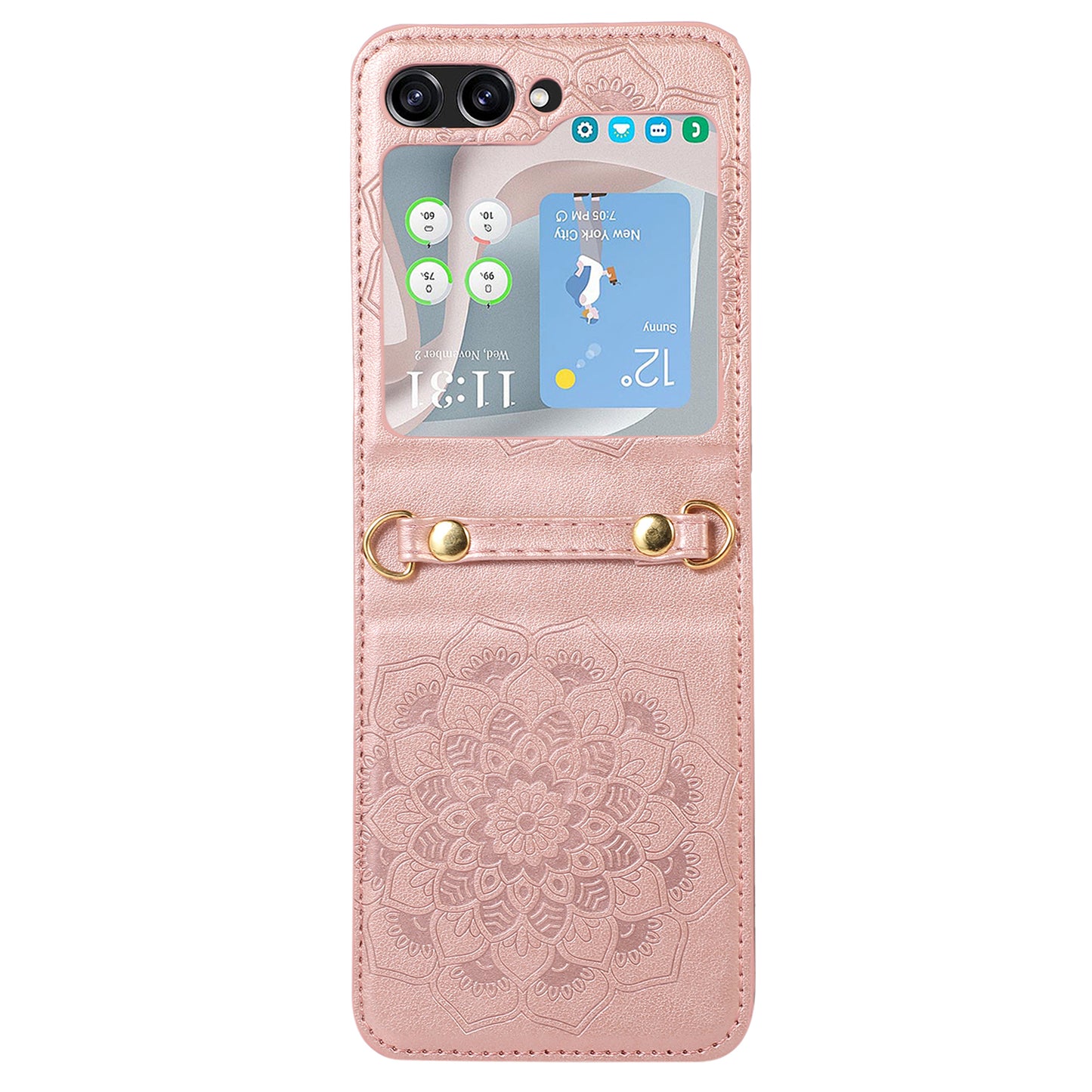 For Samsung Galaxy Z Flip5 5G Flower Imprinted Phone Case Anti-Drop PU Leather PC Cover with Shoulder Strap
