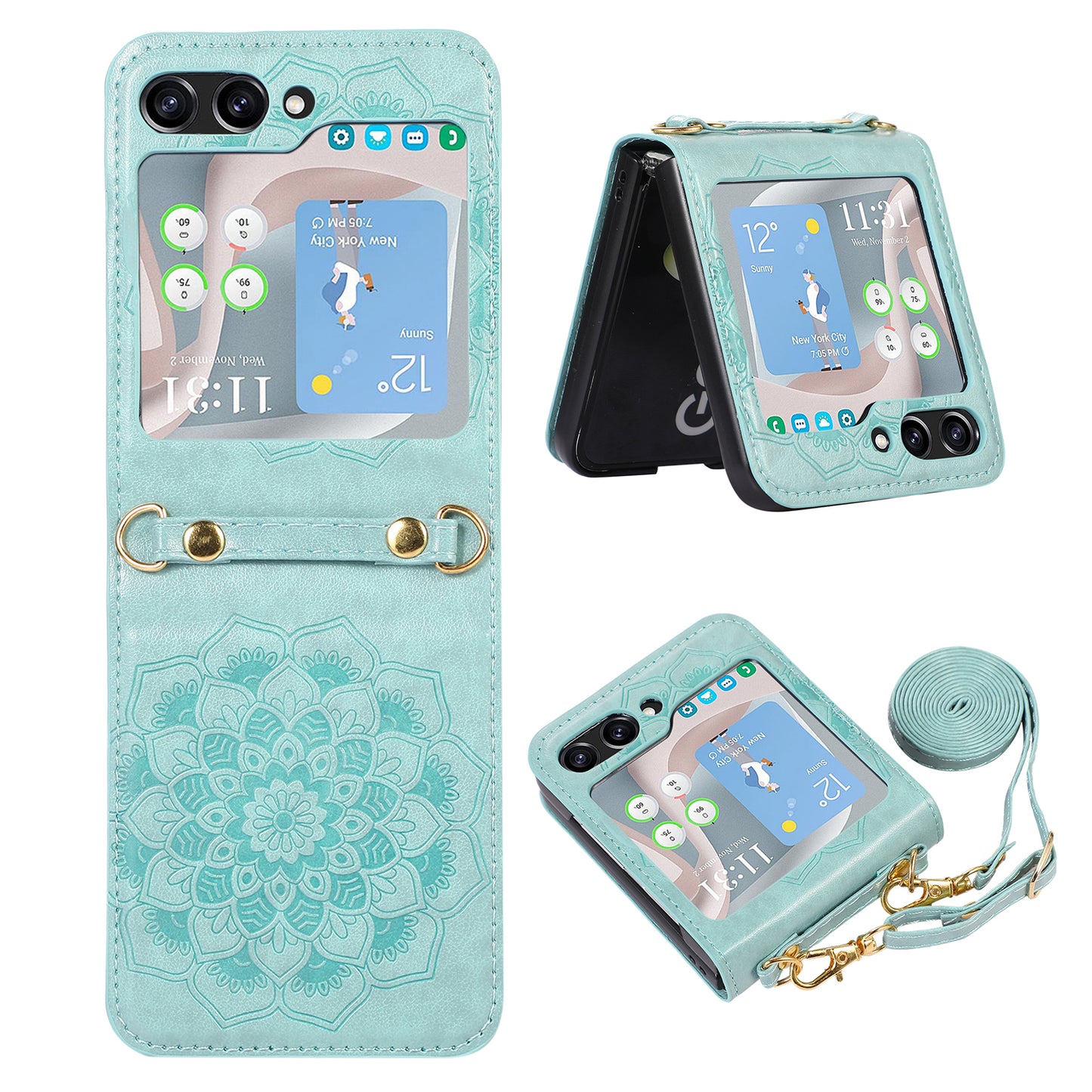 For Samsung Galaxy Z Flip5 5G Flower Imprinted Phone Case Anti-Drop PU Leather PC Cover with Shoulder Strap