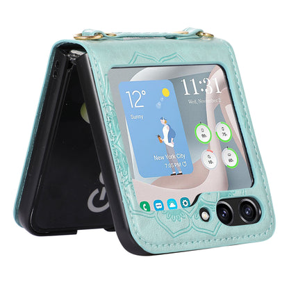 For Samsung Galaxy Z Flip5 5G Flower Imprinted Phone Case Anti-Drop PU Leather PC Cover with Shoulder Strap