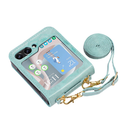 For Samsung Galaxy Z Flip5 5G Flower Imprinted Phone Case Anti-Drop PU Leather PC Cover with Shoulder Strap