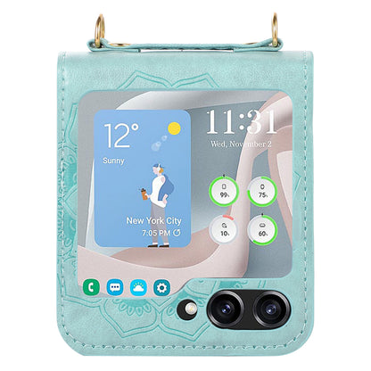 For Samsung Galaxy Z Flip5 5G Flower Imprinted Phone Case Anti-Drop PU Leather PC Cover with Shoulder Strap