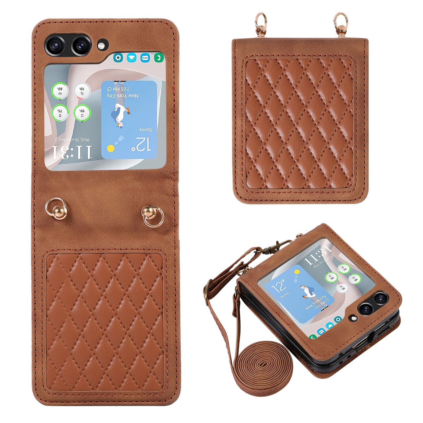 Grid Imprinted PU Leather PC Case for Samsung Galaxy Z Flip5 5G Protective Phone Shell with Shoulder Strap