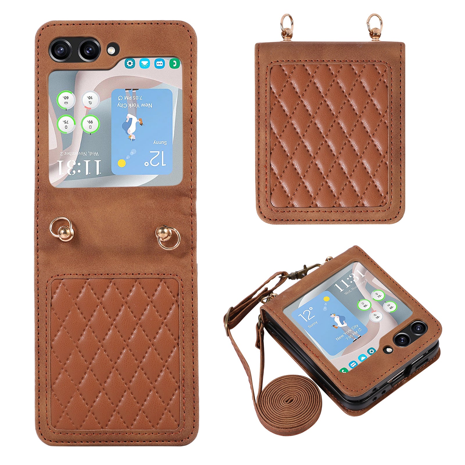 Grid Imprinted PU Leather PC Case for Samsung Galaxy Z Flip5 5G Protective Phone Shell with Shoulder Strap