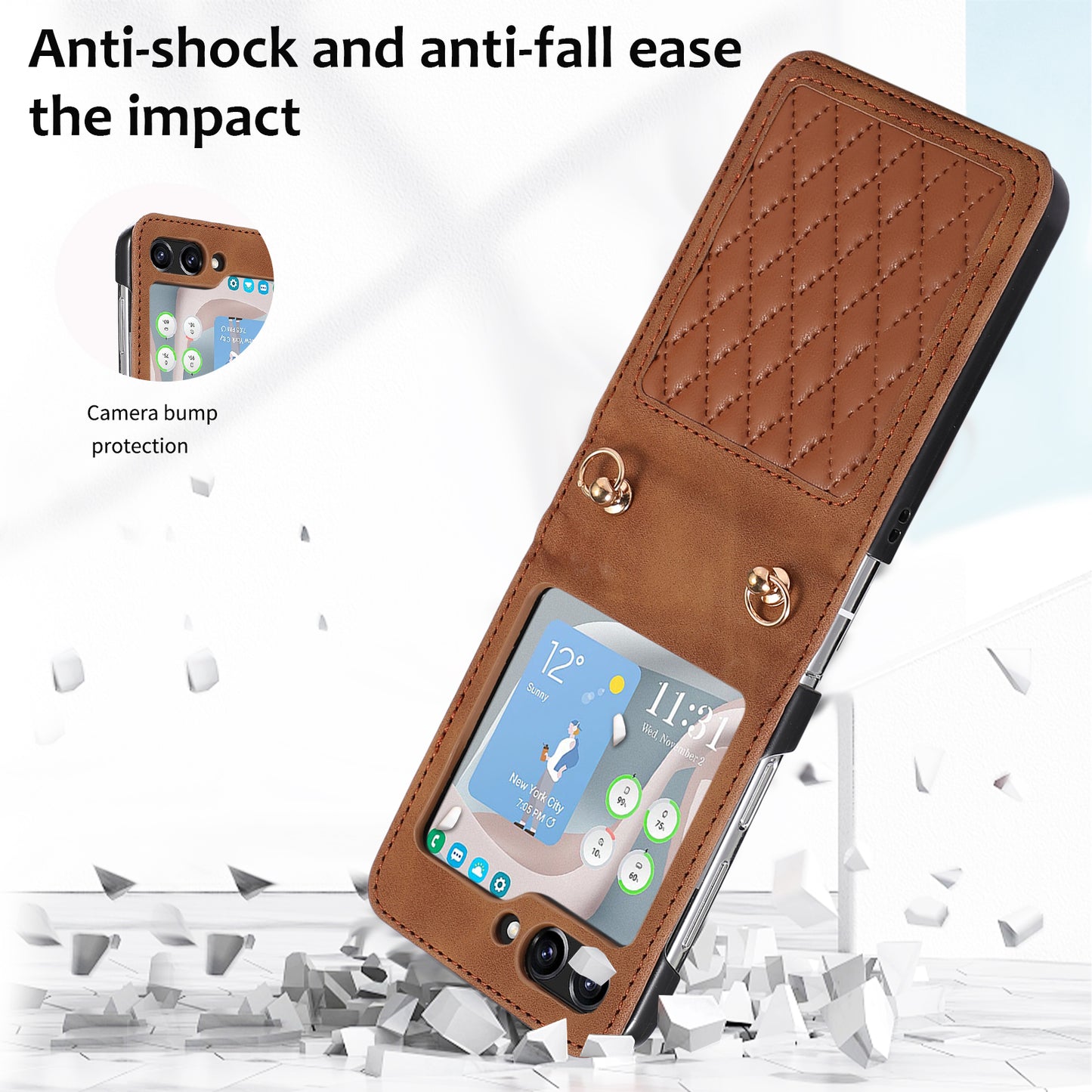 Grid Imprinted PU Leather PC Case for Samsung Galaxy Z Flip5 5G Protective Phone Shell with Shoulder Strap