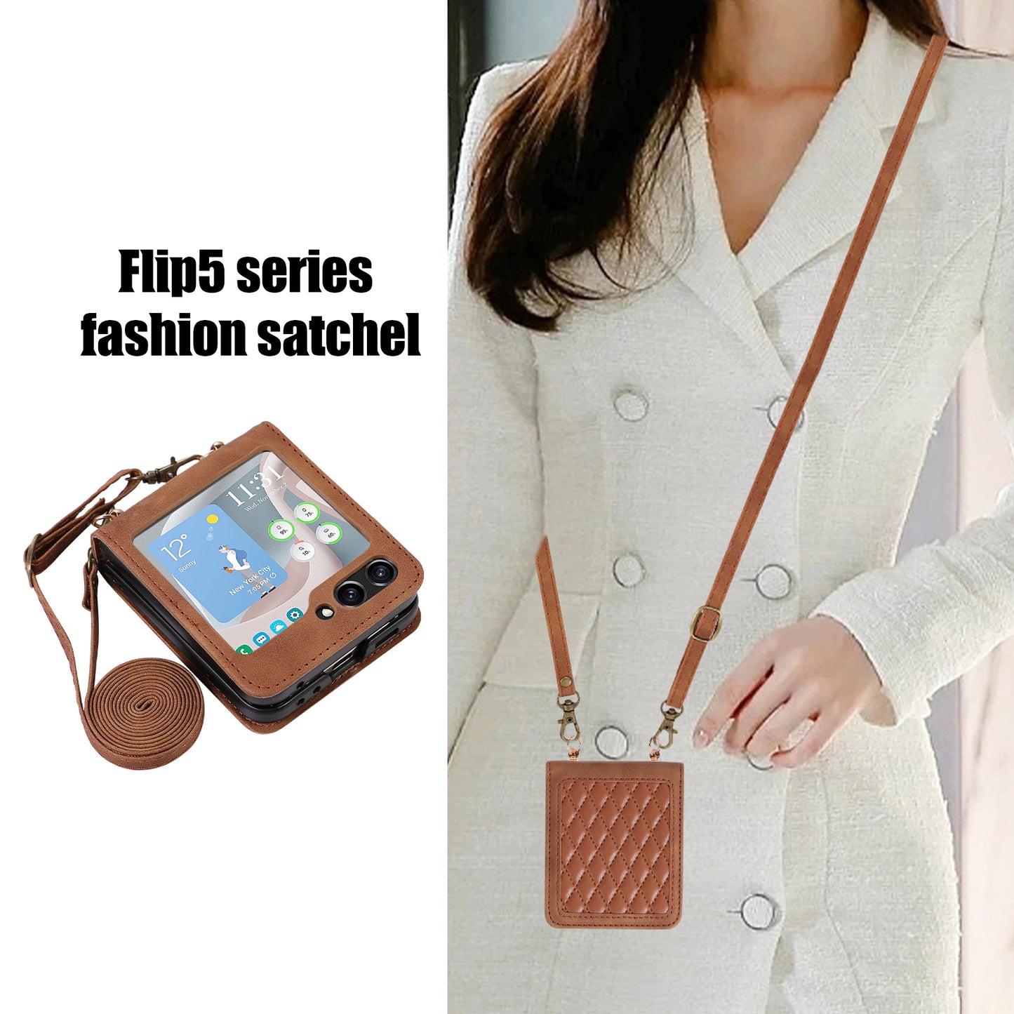 Grid Imprinted PU Leather PC Case for Samsung Galaxy Z Flip5 5G Protective Phone Shell with Shoulder Strap