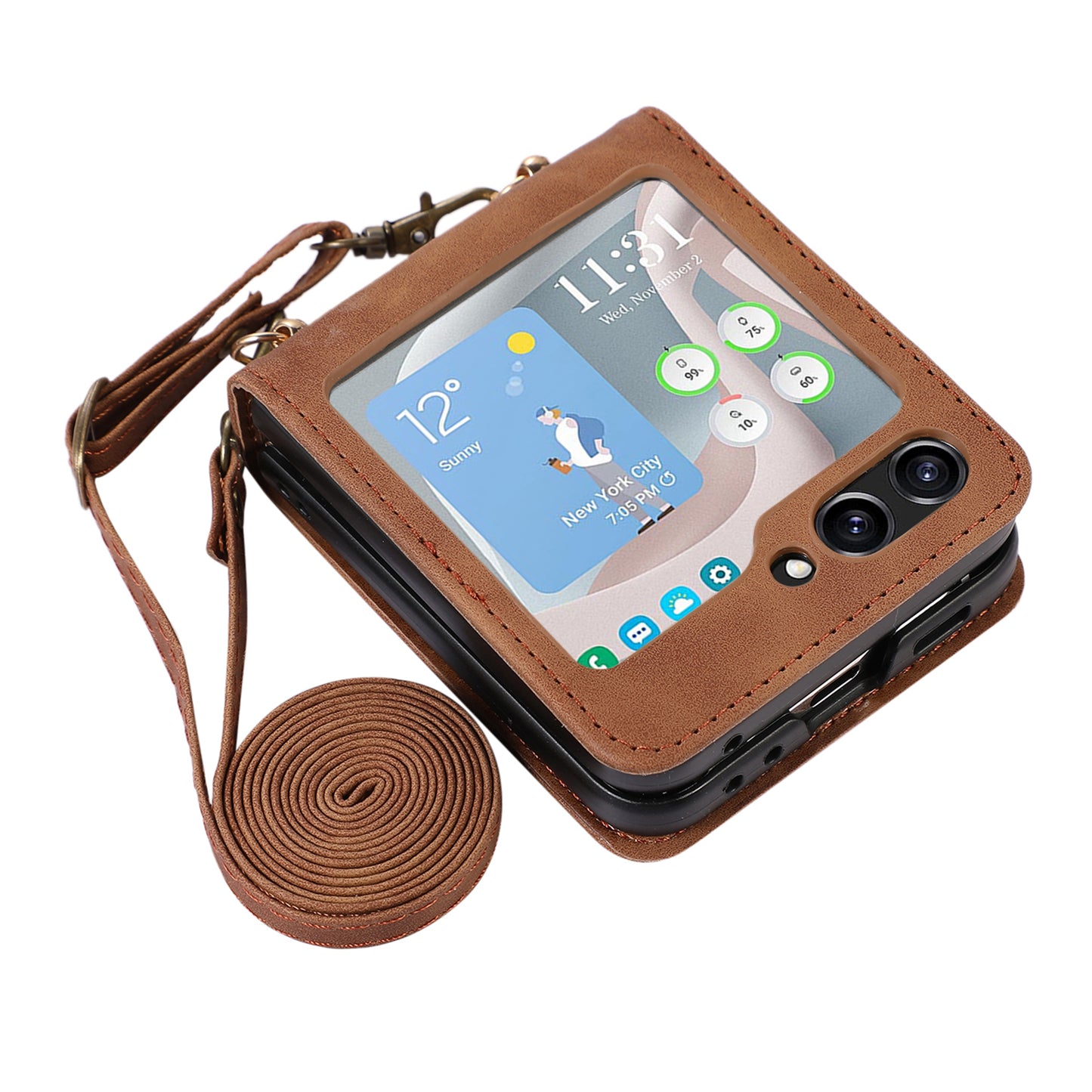 Grid Imprinted PU Leather PC Case for Samsung Galaxy Z Flip5 5G Protective Phone Shell with Shoulder Strap