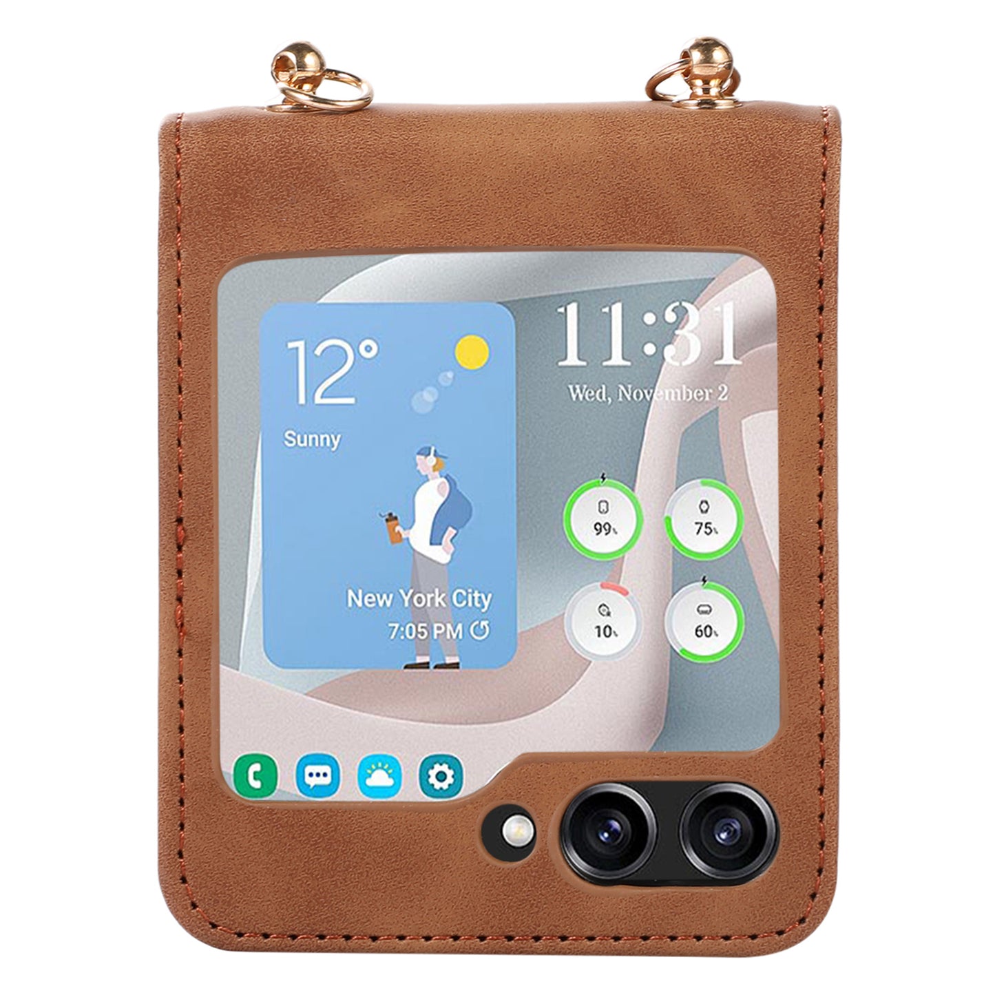 Grid Imprinted PU Leather PC Case for Samsung Galaxy Z Flip5 5G Protective Phone Shell with Shoulder Strap