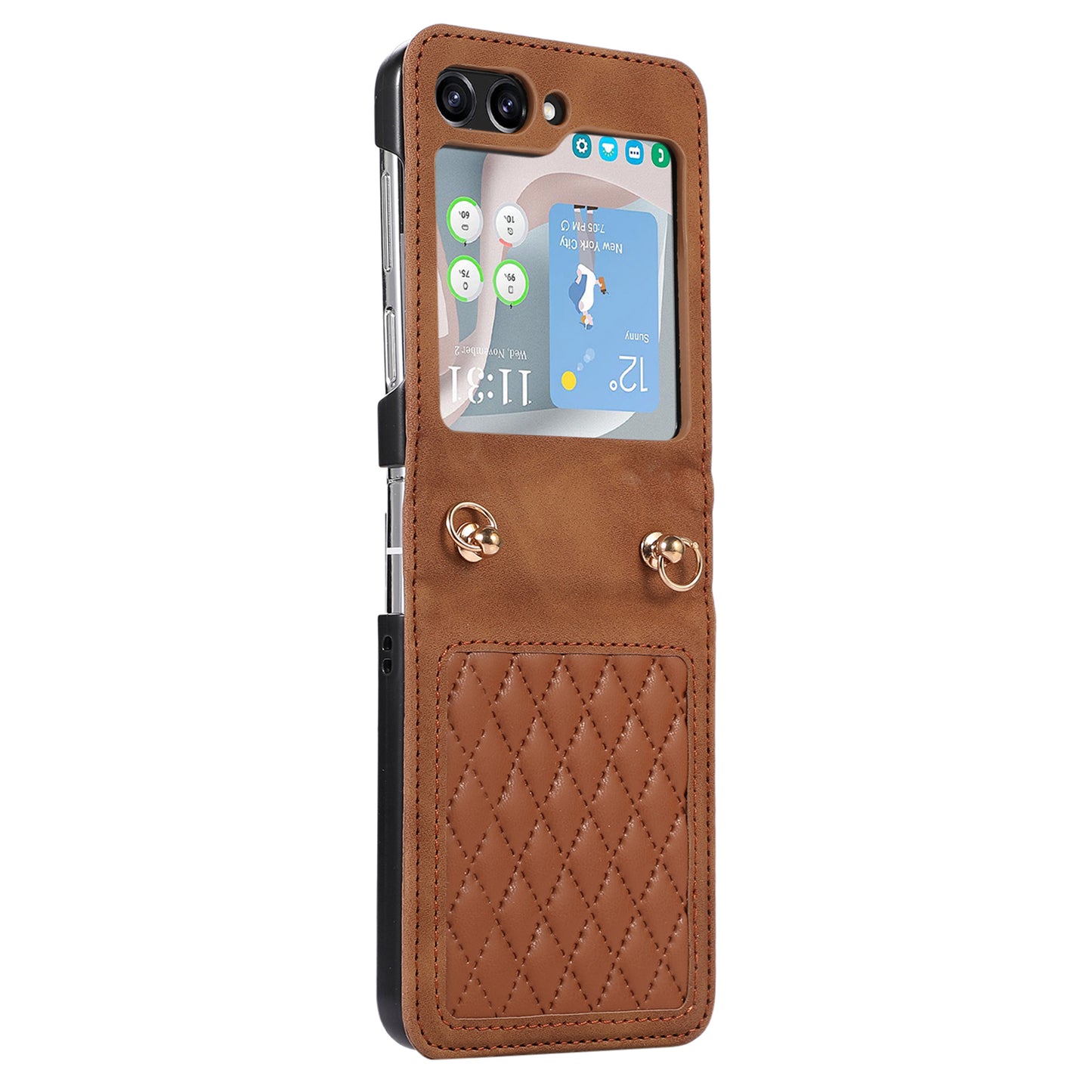 Grid Imprinted PU Leather PC Case for Samsung Galaxy Z Flip5 5G Protective Phone Shell with Shoulder Strap