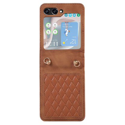 Grid Imprinted PU Leather PC Case for Samsung Galaxy Z Flip5 5G Protective Phone Shell with Shoulder Strap
