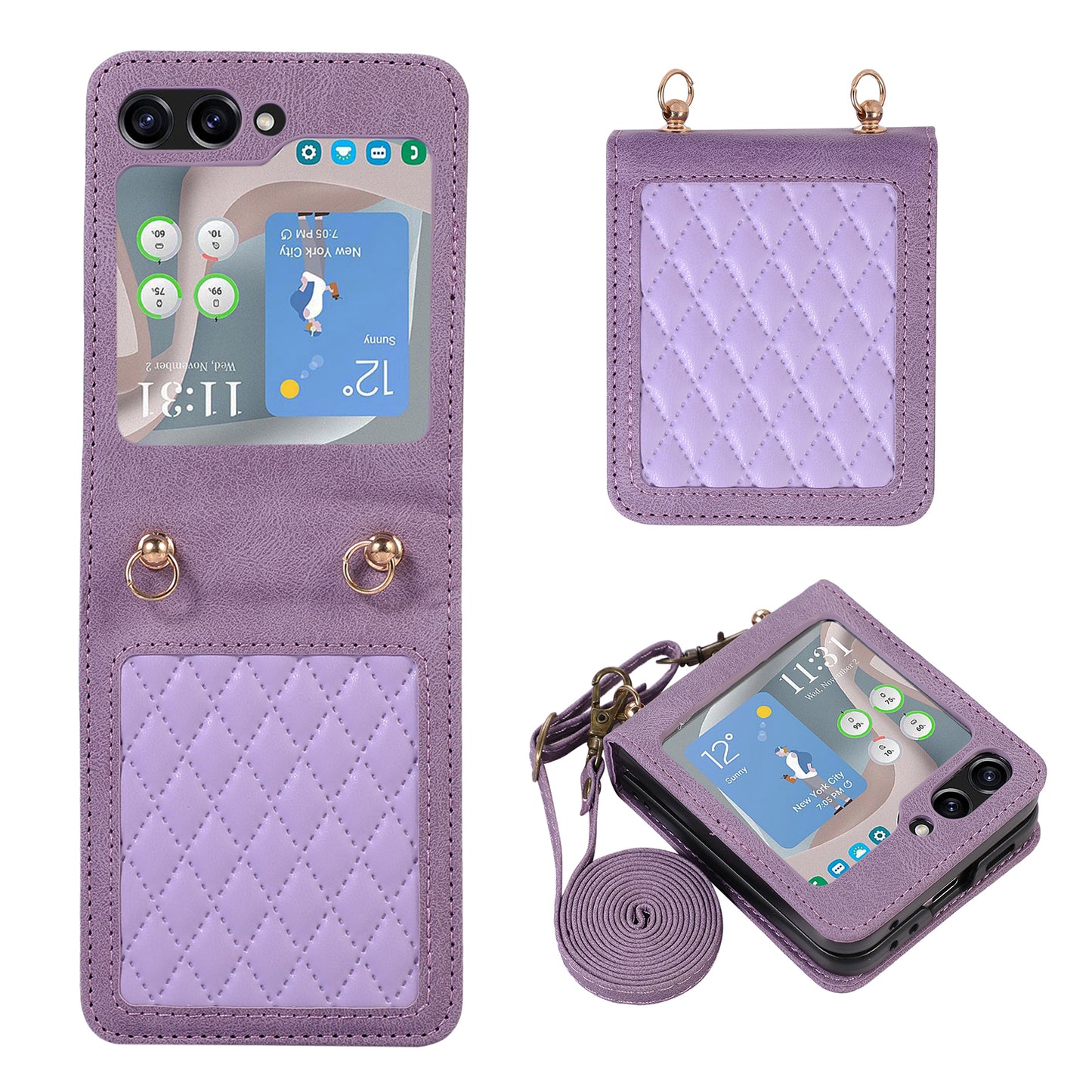 Grid Imprinted PU Leather PC Case for Samsung Galaxy Z Flip5 5G Protective Phone Shell with Shoulder Strap