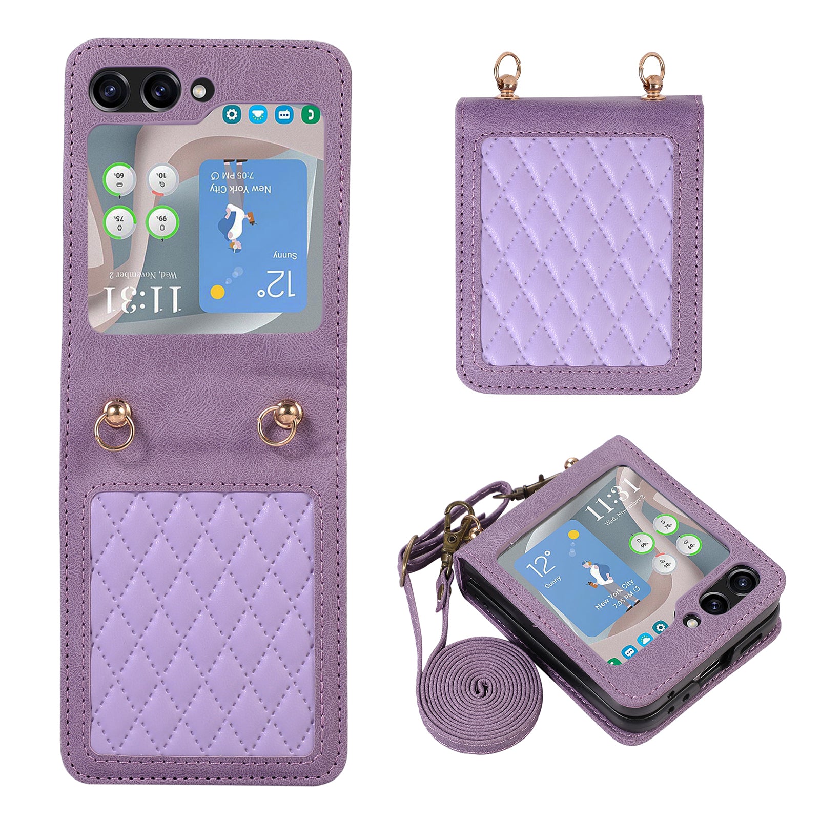 Grid Imprinted PU Leather PC Case for Samsung Galaxy Z Flip5 5G Protective Phone Shell with Shoulder Strap