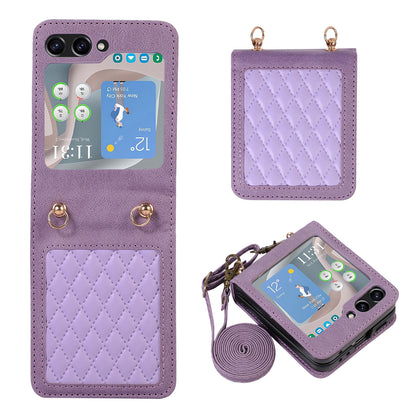 Grid Imprinted PU Leather PC Case for Samsung Galaxy Z Flip5 5G Protective Phone Shell with Shoulder Strap
