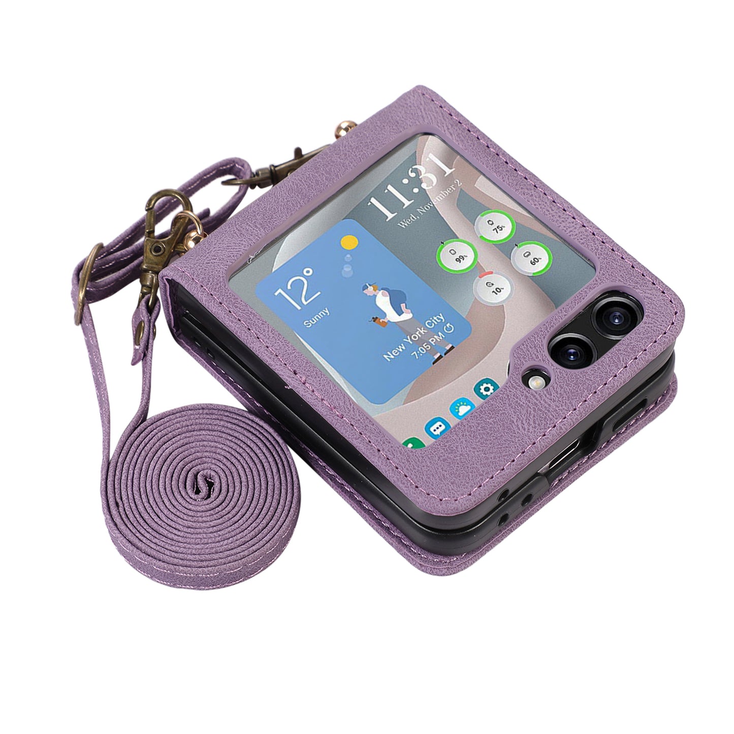 Grid Imprinted PU Leather PC Case for Samsung Galaxy Z Flip5 5G Protective Phone Shell with Shoulder Strap