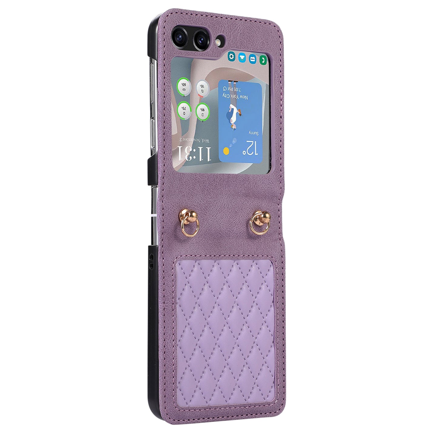Grid Imprinted PU Leather PC Case for Samsung Galaxy Z Flip5 5G Protective Phone Shell with Shoulder Strap