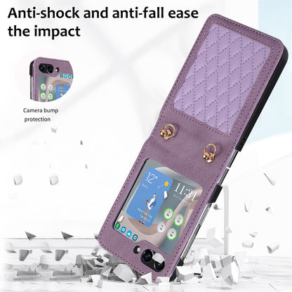 Grid Imprinted PU Leather PC Case for Samsung Galaxy Z Flip5 5G Protective Phone Shell with Shoulder Strap