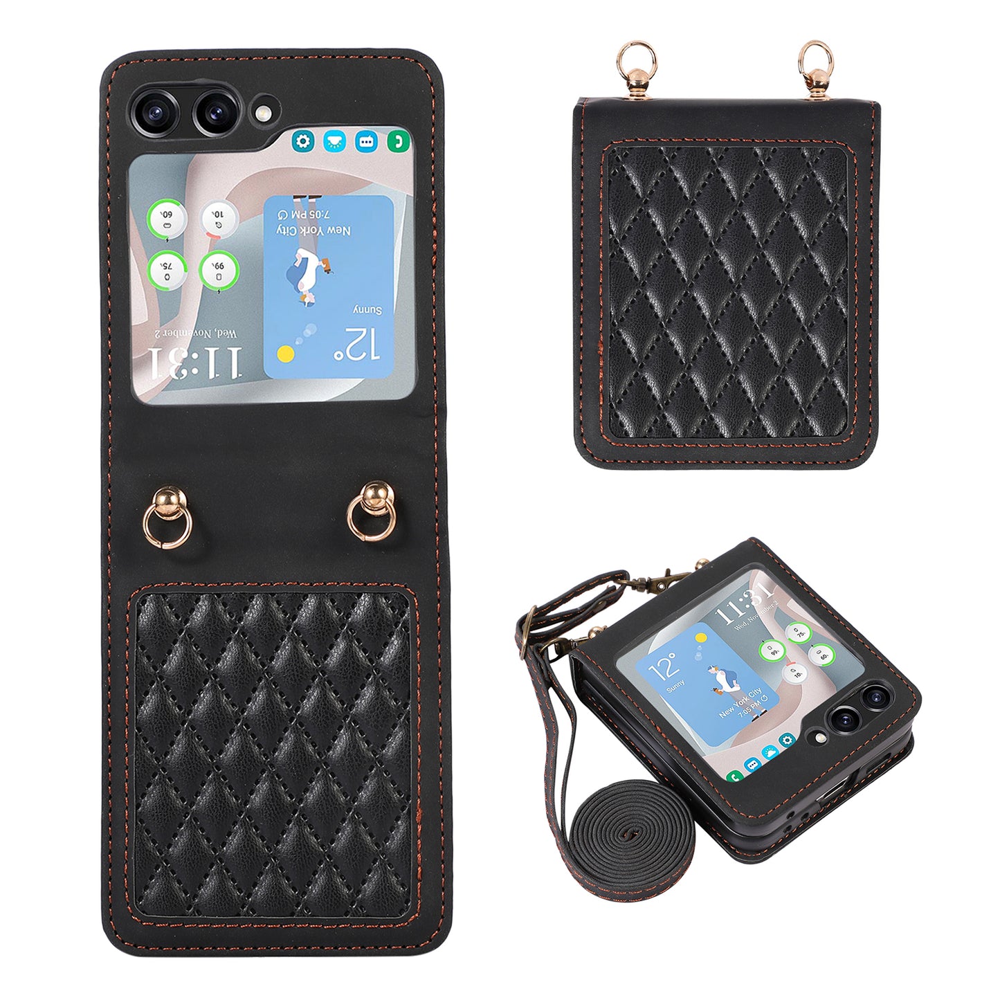 Grid Imprinted PU Leather PC Case for Samsung Galaxy Z Flip5 5G Protective Phone Shell with Shoulder Strap