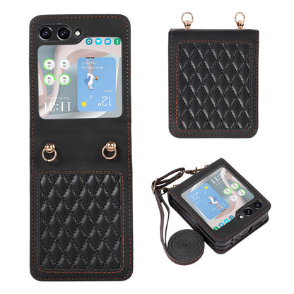 Grid Imprinted PU Leather PC Case for Samsung Galaxy Z Flip5 5G Protective Phone Shell with Shoulder Strap