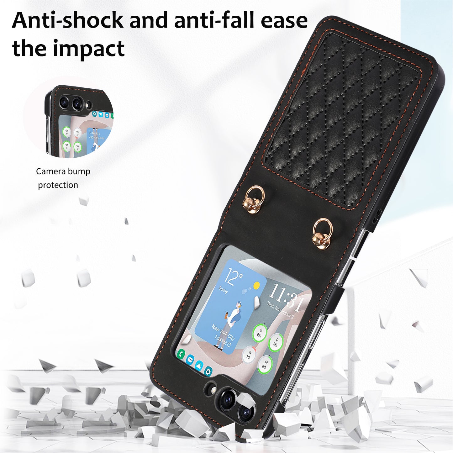 Grid Imprinted PU Leather PC Case for Samsung Galaxy Z Flip5 5G Protective Phone Shell with Shoulder Strap