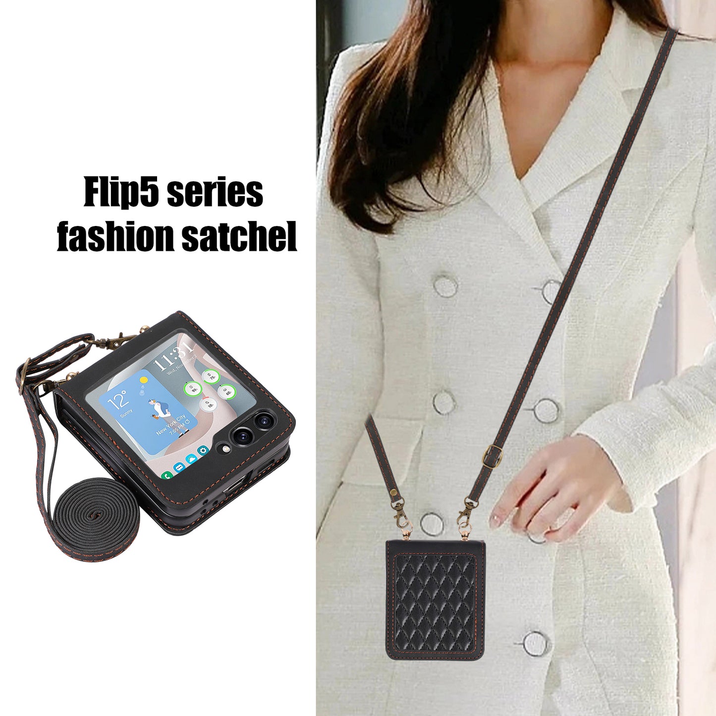 Grid Imprinted PU Leather PC Case for Samsung Galaxy Z Flip5 5G Protective Phone Shell with Shoulder Strap