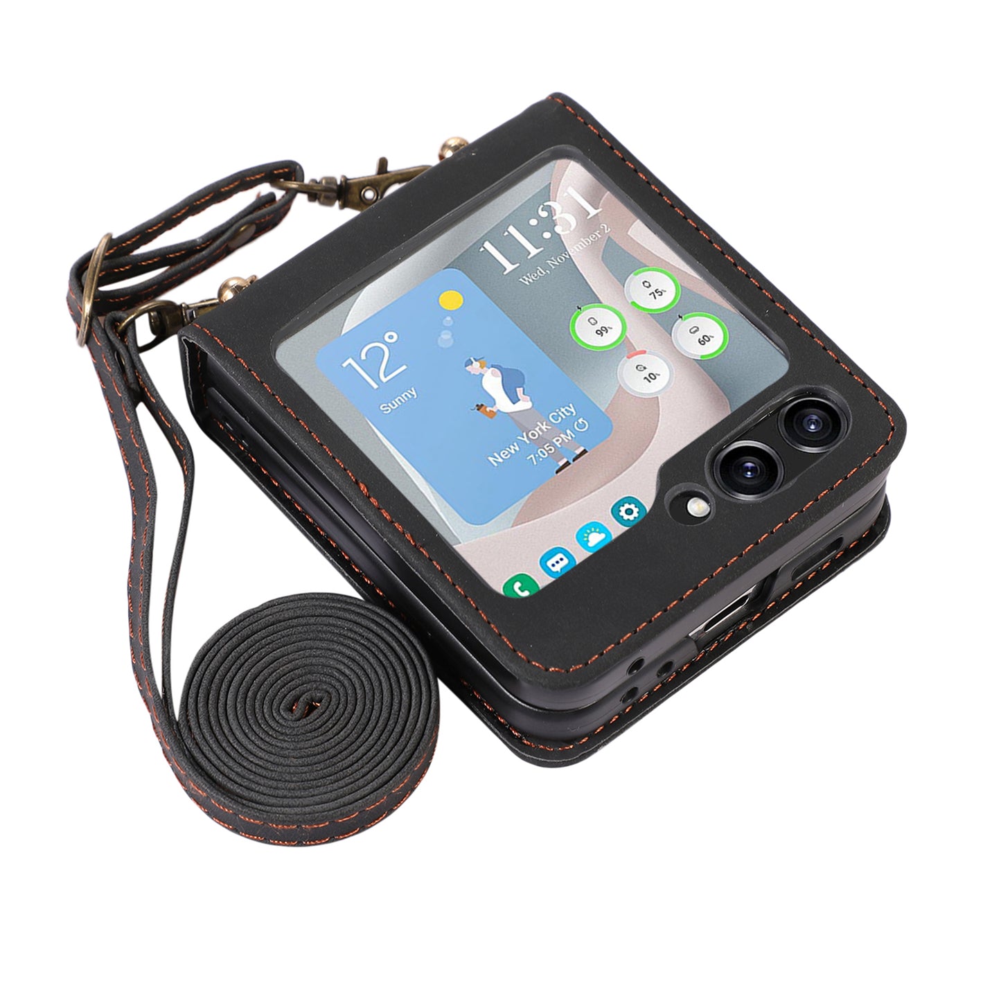 Grid Imprinted PU Leather PC Case for Samsung Galaxy Z Flip5 5G Protective Phone Shell with Shoulder Strap
