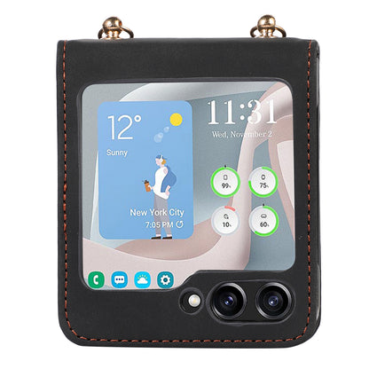 Grid Imprinted PU Leather PC Case for Samsung Galaxy Z Flip5 5G Protective Phone Shell with Shoulder Strap